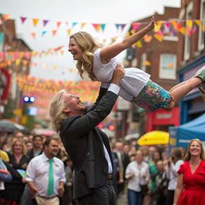 Sir Richard Branson, lifting a woman, floating in the air above a crowded street festival.