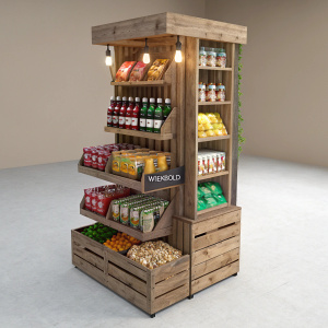 3D render of a Wickbold branded multi-level wooden vending display showcasing a variety of snacks and beverages. Rustic and appealing design.