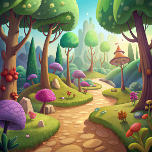 bosque mágico ilustrado como caricatura infantil con una perspectiva desde el suelo con un camino largo 