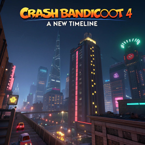 Crash Bandicoot 4: A New Timeline, video game screenshot. Futuristic cityscape with neon lights, skyscrapers, and vibrant colors. Game title at top.