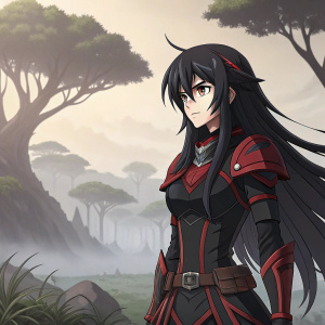 Tuono Vermillion Beyond from Akame ga Kill!, long black hair, intense gaze. Wearing dark armor with red accents. Fantasy landscape background