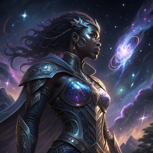 Digital art of Lilianna Vess, Magic the Gathering planeswalker. Stylized dark skin, wearing futuristic armor. Standing in a dramatic pose against a cosmic night sky.