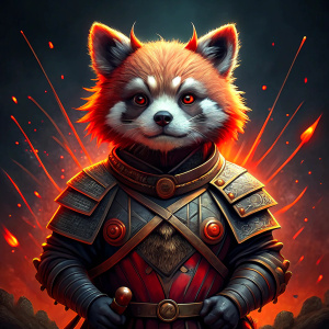 red panda but from the darksouls, with a sword and a shield. make the picture more dark. make it raging