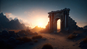 Small medieval encampment big wooden gate ruins desert beach empty abandoned sunrise painting path inland
