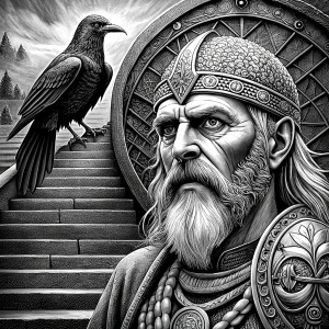 viking and raven in walhalla stairs runen symbols pattern - perfect realistic art, high-definition, high-definition grey and black, white background 