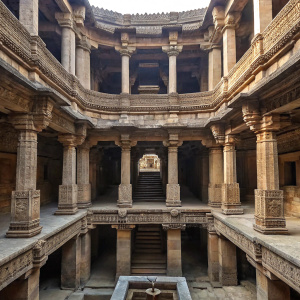 Photograph showcasing Adalaj Stepwell, located in Ahmedabad, Gujarat, India. Ancient water structure with multi-levels, detailed stone carvings, columns, and ornate design.