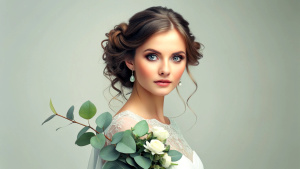 beautiful bride in a white with a bouquet of eucalyptus and white flowers