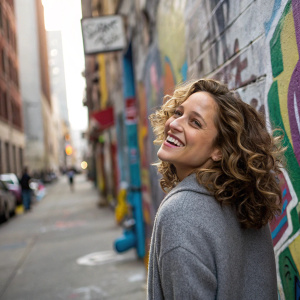 Margarita Levieva smiling against a vibrant street art backdrop. Her curly brown hair and gray sweater stand out. The scene is set in a bustling urban alleyway with graffiti walls.