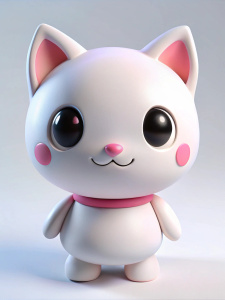 Chibi Vinyl toy 3D character of a white cat with pink ears, black beady eyes, smiles happily, looks up, looks out from a horizontal surface, isometric render minimalist style, on a solid white background.