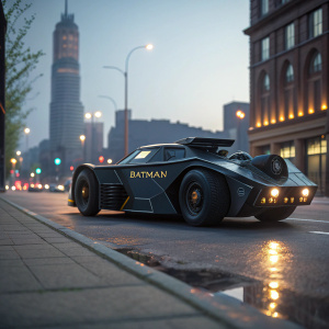 The sleek, futuristic Batmobile from 1984, adorned with the iconic Batman logo, parked on a city street.