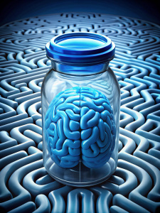 Cerebro sobre un bote de pildoras azules, en el centro de un laberinto