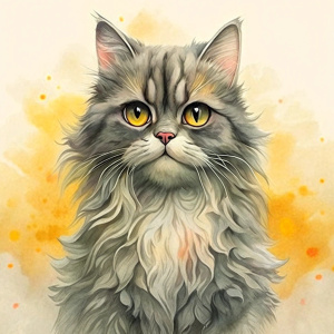 Watercolor painting. Persian cat portrait. The background is white. The cat is gray. Look at camera.