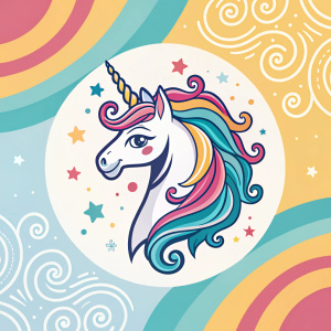 Brand identity designs for Eridna & Leo. Logo featuring a mystical, unicorn-like horse. Colorful, playful style.