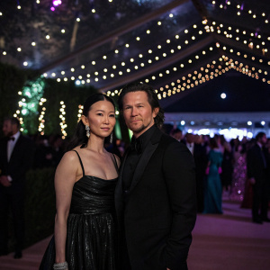 Mark Wahlberg and China Chow at a glamorous fashion gala. Dark and moody atmosphere with twinkling lights and crowd in attendance.