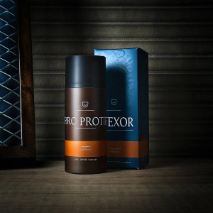 Protexor packaging design. Modern, sleek, brown and orange hues. Product details in Spanish. Clean, minimalist background.