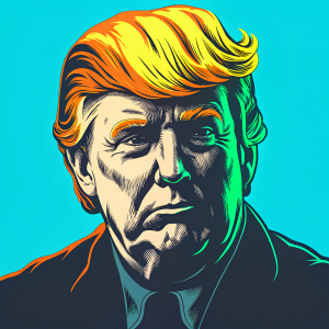 Charcoal sketch of Donald Trump. The drawing highlights his distinctive hairstyle and facial features. Simple, plain background