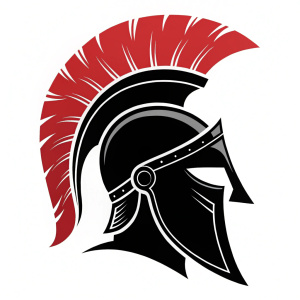A simple, modern logo featuring a black spartan helmet with red feather accents. Clean design with bold lines and minimal color palette.