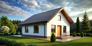 small country one-story modern house, minimalistic, modest design, few details, not pretentious, small windows, siding, white walls, triangular roof, a lot of orange balloons are flying behind the house, small balloons, a lot of balloons, photorealism, high quality photo, photo as in life, hdr, 3K, professional photographer