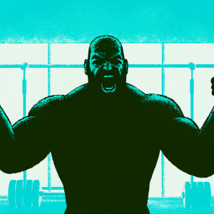 RYBACK, a professional wrestler, posing angrily in a gym. Background is blue