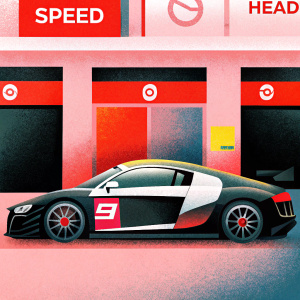 Audi R8 LMS GT3 race car, parked indoors. Modern design, black with white and gold accents. Behind it are banners and logos of Speed and HEAD sponsorship.