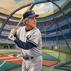 Wally Backman, former baseball player, in modern stadium. Wearing New York Yankees jersey and cap. Training session in batting cage.