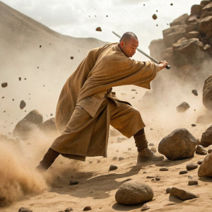 An intense battle scene from the TV series Avatar: The Last Airbender. An earthbender,身穿土黄色长袍,正在进行激烈的战斗。他处于一个充满灰尘和沙子的环境中,四周是大大小小的岩石。
