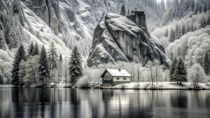 bnw you see a small old house, which stands directly on the shore of a lake. behind the house is a wintry forest. high rock faces rise above the forest