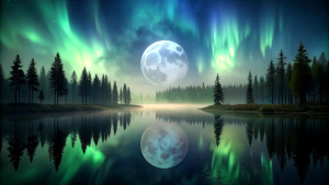  full moon at night, aura northern lights forest  still water dark night black