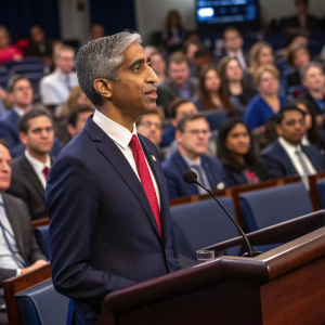 Dr. Vivek Murthy addressing a press conference. Wearing navy blue suit with white shirt and red tie. Large audience in formal attire