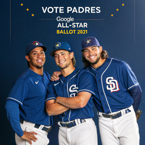 San Diego Padres players in blue and white uniforms, promoting Google's All-Star Ballot 2021. Dark blue background with 'Vote Padres' text in yellow.