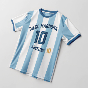 A close-up image of a Diego Maradona Argentina 1986 jersey, featuring blue and white stripes. Designed for youth wear.