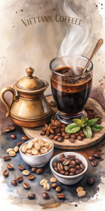 Design an appetizing, minimalistic watercolor label for "Vietnamese Coffee".

Elements:
1. **Illustration:**
   - Aromatic cup of Vietnamese coffee.
   - Turkish coffee pot (cezve) nearby.
   - Dark chocolate with peanuts.
   - Peanuts next to the coffee cup.
   - Dark, moody watercolor background.

2. **Text and Design:**
   - "Vietnamese Coffee" at the top.
   - Clean, elegant font.
   - Space for logo.
   - Mood description: "Capturing the essence of Vietnamese coffe