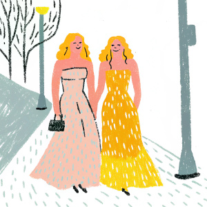Haylie Duff and Hilary Duff, twins, in glamorous evening gowns, walking on a dimly lit street at night.