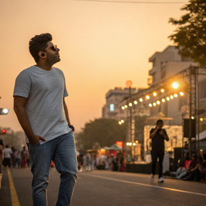 Guru Randhawa, dressed in casual t-shirt and jeans, standing alone on a bustling street at sunset. Solo artist performing live on stage.