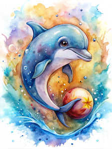 Delfín estilo infantil jugando con una pelota, ojos grandes y expresivos, dibujo en acuarela, fondo manchas y salpicados de color.