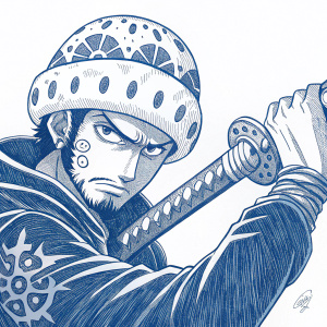 Blue ink illustration of Trafalgar Law. Determined expression, detailed hands and face. Weapon in hand. Minimal background