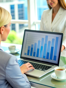 Cropped photo of businesswomen analyzing business diagram, marketing statistics and finance market graphs on laptop monitor in the office