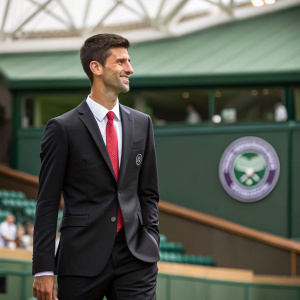 Novak Djokovic at the Wimbledon opening ceremony. Wearing a tailored black suit and red tie.