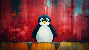 Wallpaper minimal "LINUX" Logo, in the style of street art aesthetic, cute cartoonish designs, photo-realistic techniques, dark red, Childhood and Arcadia, anime aesthetic, cartoon-like