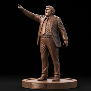 Digital rendering of bronze statue depicting legendary football coach John Madden. Caucasian male in classic brown attire. Dramatic pose, passionate expression. Placed on circular base. Stark black background highlights intricate details.