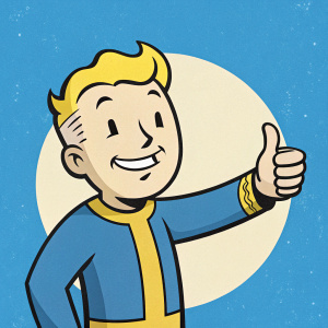 Cartoon illustration of Vault Boy, Fallout series icon. Simple design, bright blue backdrop. Vault Boy gives a thumbs up, smiling. Flat style, bold colors, friendly demeanor.