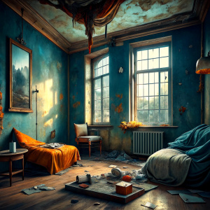 A dilapidated room with broken windows where abandoned homeless people live. 2 beds on the floor, a blanket with flowers on one of them. Everywhere is messy and dirty. The dark blue wall plaster is spilled, the brown wallpaper is peeling off on the wall on the right. A large old fan hangs from the ceiling. An old tattered orange armchair in the middle of the room. An old green suitcase and shoes next to the window. and a broken, burning floor lamp. Water is dripping from the ceiling and a bucket