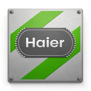 Haier logo on sleek metal plaque. Vibrant green and grey hues. Simple sans-serif font.