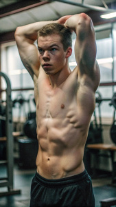 Will Poulter, shirtless, SMELLING ARMPIT IN THE MIDDLE OF THE GYM AFTER A INTENSE WORKOUT, WEARING ATHLETIC SHORTS. BEING SERIOUS, Embrace
