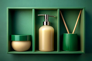 inside a dark green box: one beige candle,  beige aroma diffuser, glass soap dispenser.