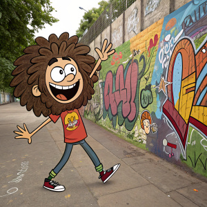 A lively cartoon character with wild, curly hair and a big smile, waving enthusiastically. The scene is set against a vibrant, graffiti-strewn wall.