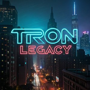Imaginative promotional shot for 'TRON: Legacy'. Neon 'TRON' sign glowing brightly against a dark cityscape backdrop