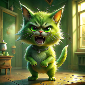 an angry and grumpy bright green cat with big ears, eyebrows and a tuft on his head - stands sideways on the floor, with a raised paw and he swings and screams with anger. The creature's facial expression expresses discontent and anger. It seems that the scene is in a room, with a warm, welcoming atmosphere.
