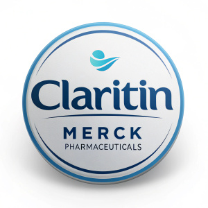 A sleek, modern logo for Claritin. Blue font, stylized design. Part of Merck Pharmaceuticals product line.