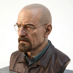 A hyper-realistic 3D render of Walter White from 'Breaking Bad'. The sculpture captures his bald head, facial hair, and intense expression. Set against a stark white backdrop.